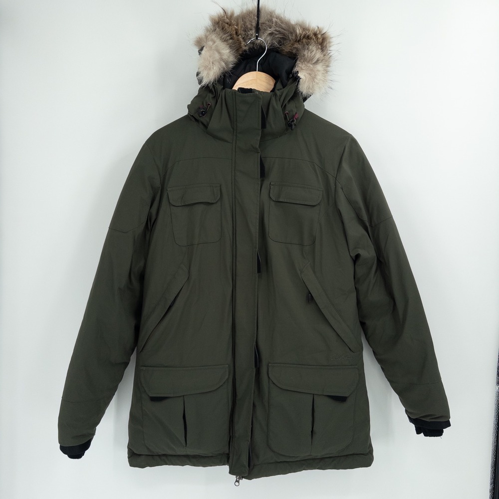 Cabela's Down Parka Mens M Green Coyote Fur Hood Goose Down Heavy Winter Jacket